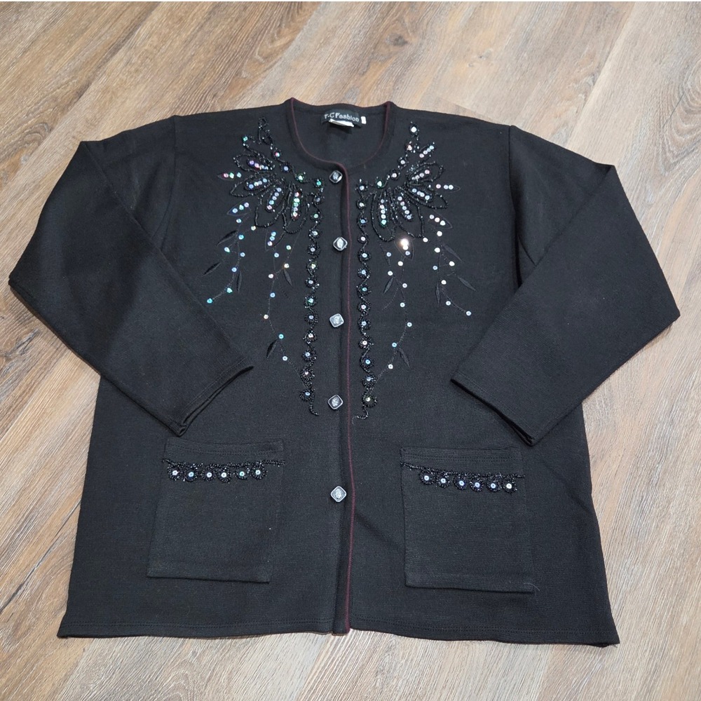 T-C Fashion Womens Black Sequin Embroidered Cardigan Sweater L Vintage Style